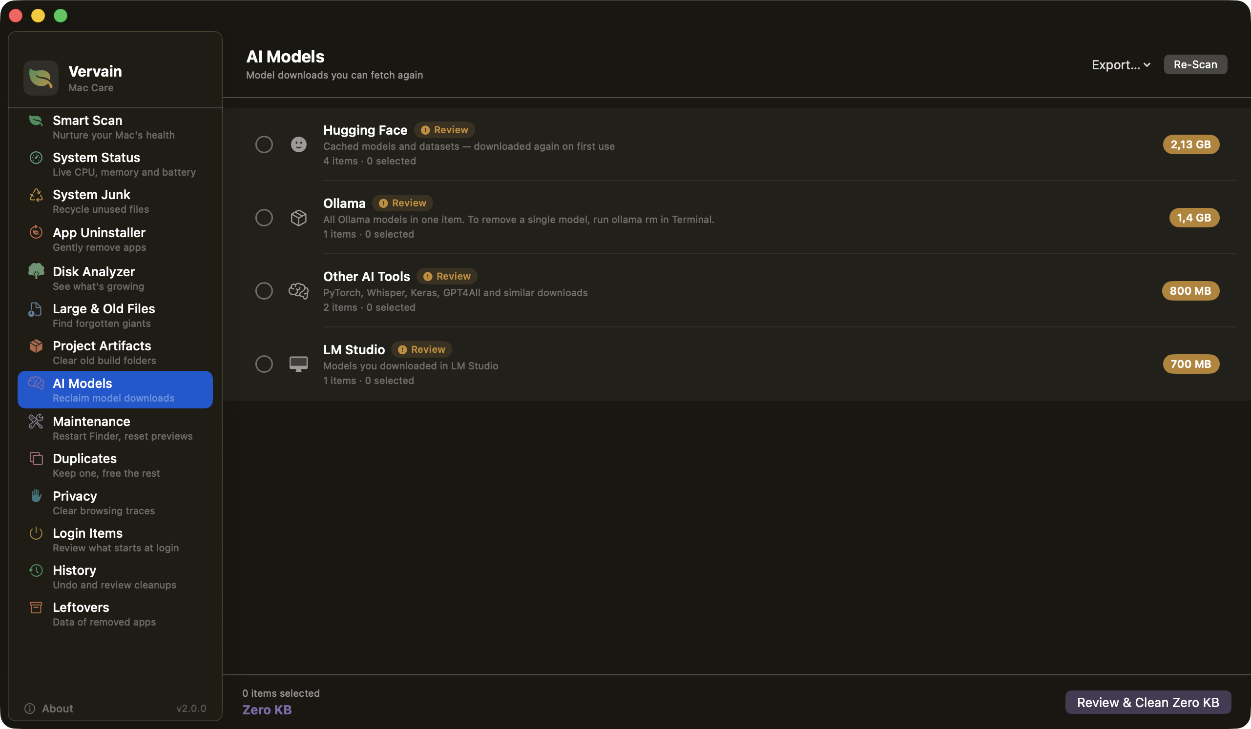 Vervain AI Models, downloads from Hugging Face, Ollama and LM Studio with sizes