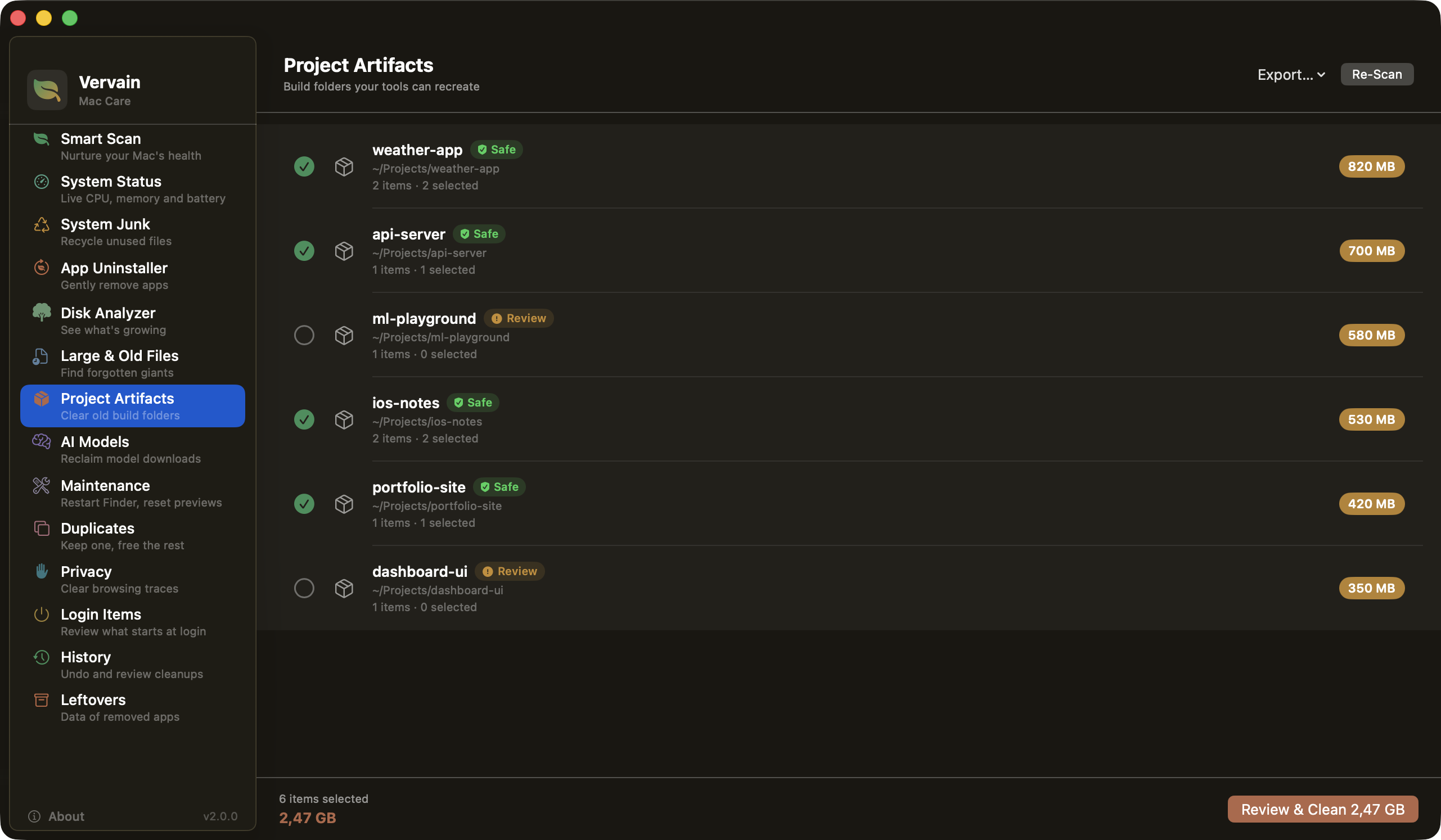 Vervain Project Artifacts, build folders grouped by project with safe and review labels