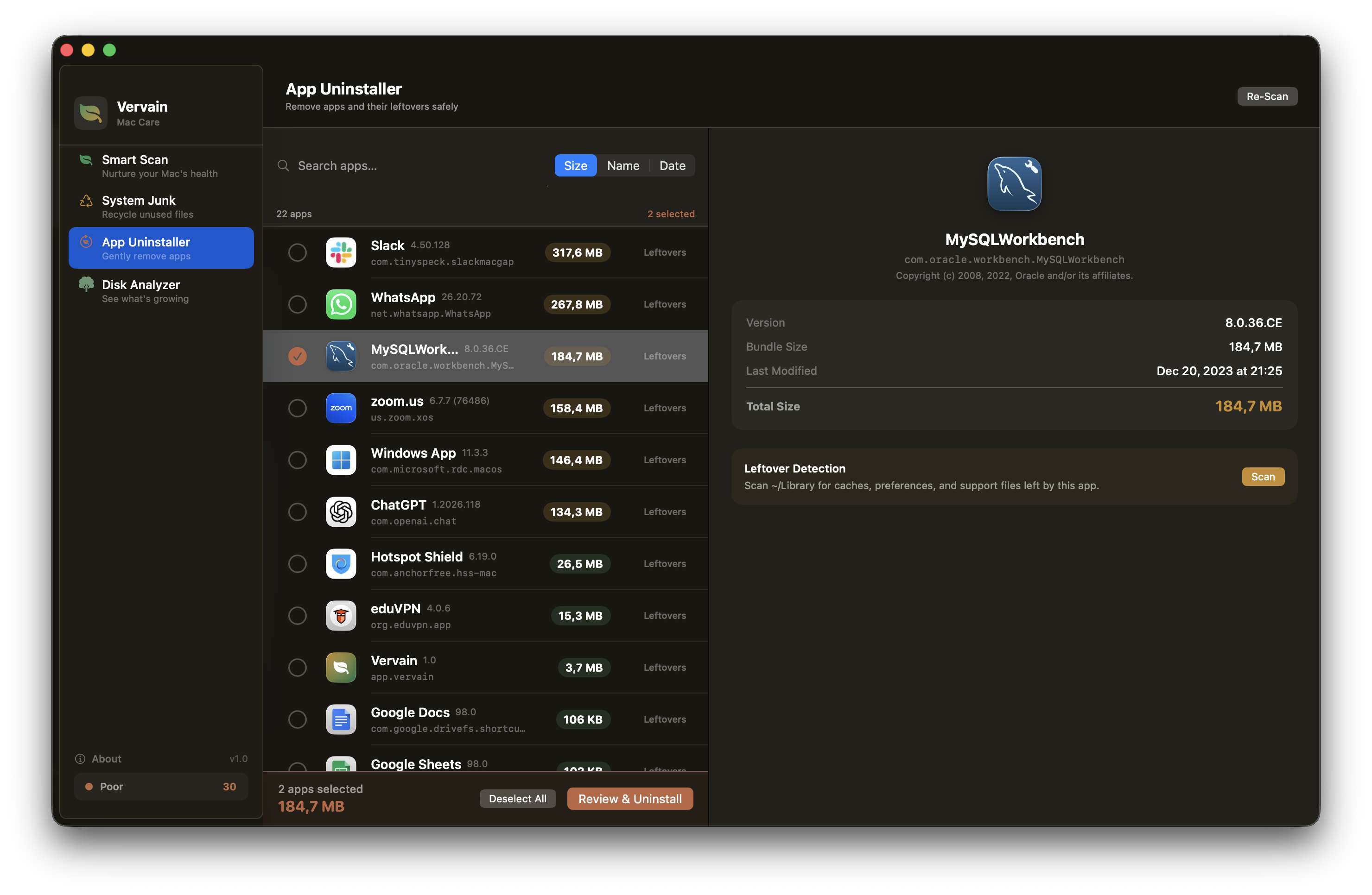 Vervain App Uninstaller — app list with sizes