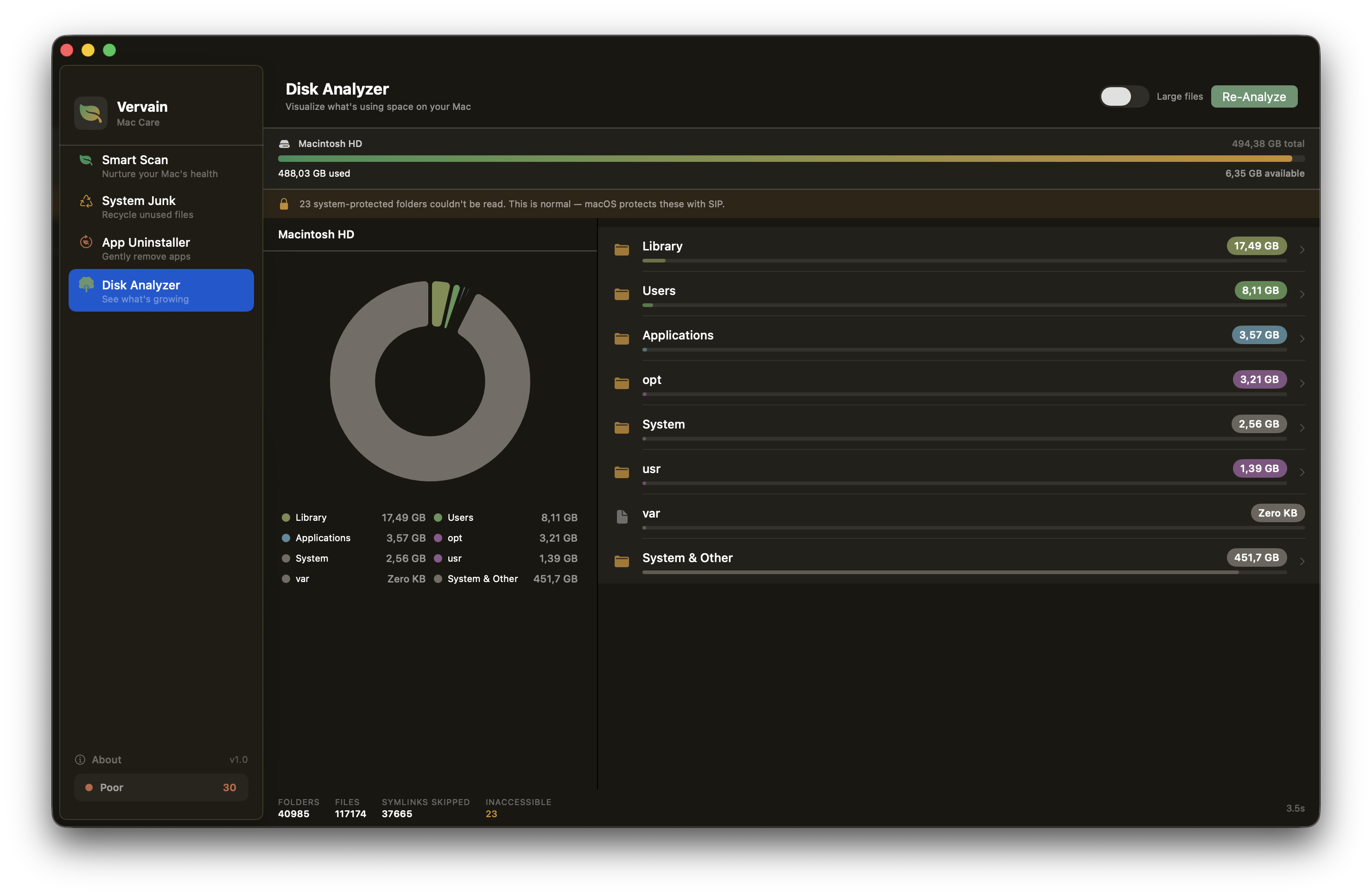 Vervain Disk Analyzer — pie chart and folder breakdown